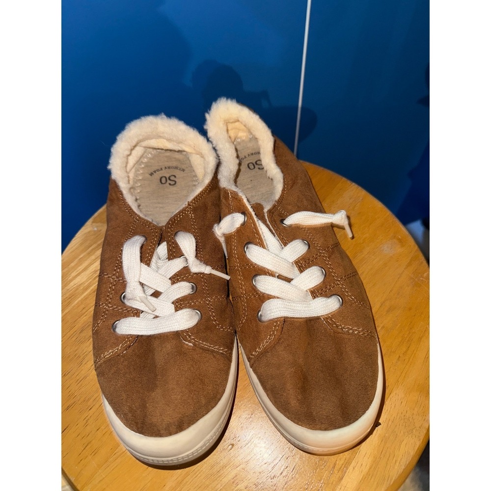 SO Memory Foam‎ Faux Fur Trim Slip On Sneakers Redwood Chestnut Brown Womens 10M